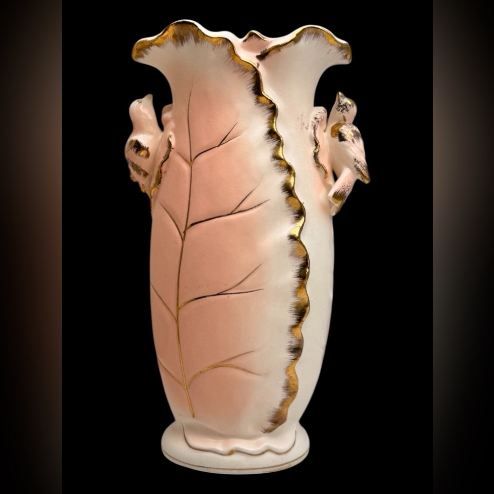 Vintage Pink and Gold Leaf-Detail Porcelain Vase Birds 1950s 1960s Mid-Century